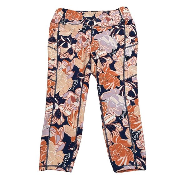 TORRID Plus Size 1X Navy Peach Floral Crop Wicking Active Leggings Pockets - Picture 2 of 8